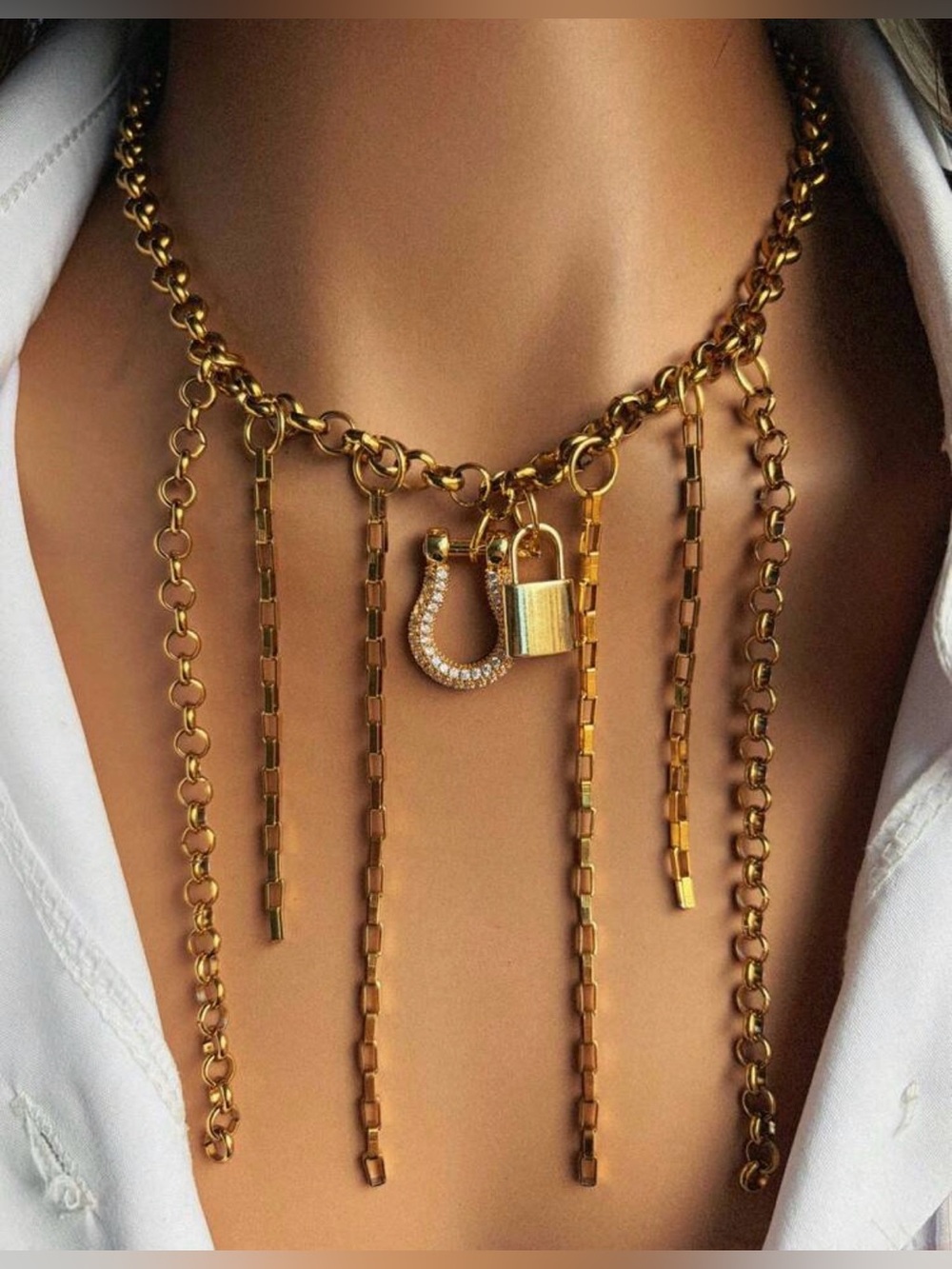 Western Horseshoe Necklace Gold Padlock and Horseshoe Fringe Necklace